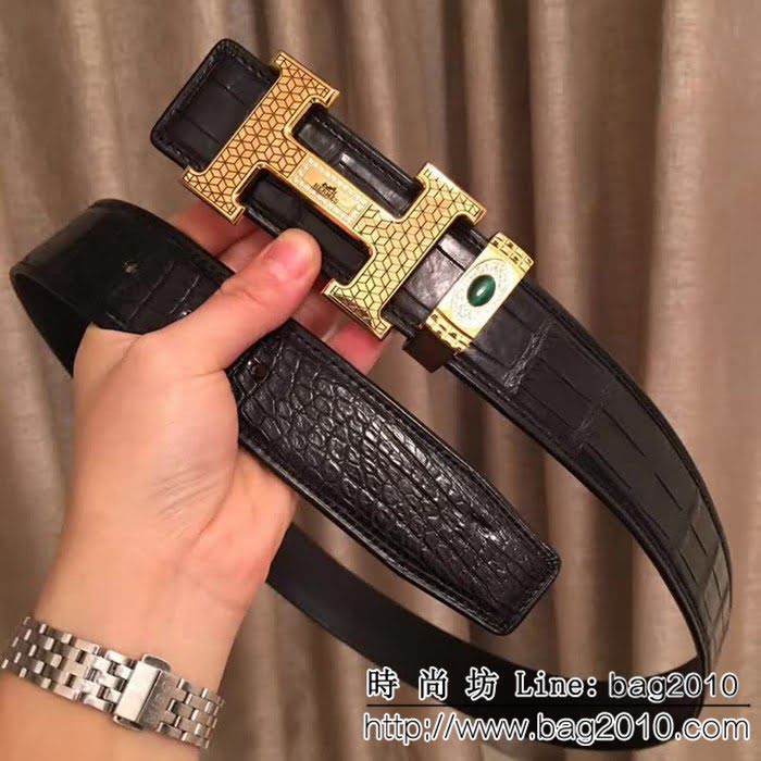 愛馬仕HERMES 純手工無拼接美洲鱷魚肚皮 鑲鑽貓眼石高端男士皮帶 HHG1161